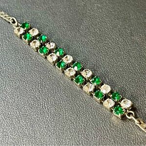 vtg Silver Tone Green Glass Rhinestone Bracelet
